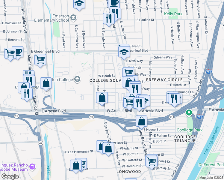 map of restaurants, bars, coffee shops, grocery stores, and more near 216 West 67th Way in Long Beach