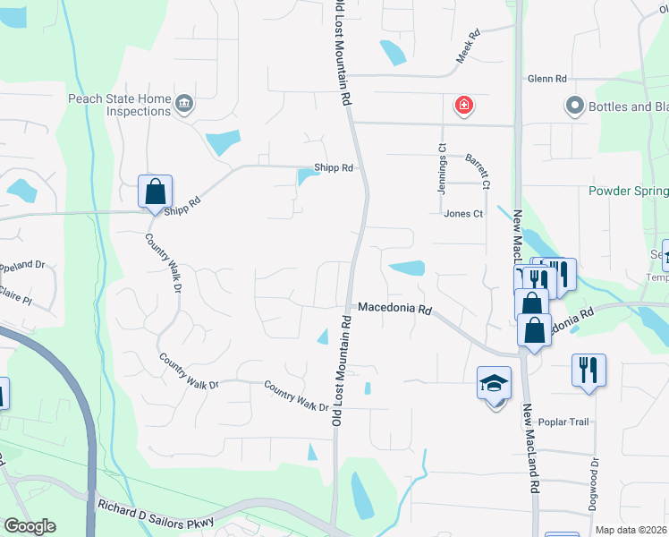 map of restaurants, bars, coffee shops, grocery stores, and more near 3209 Leprechaun Ln in Powder Springs