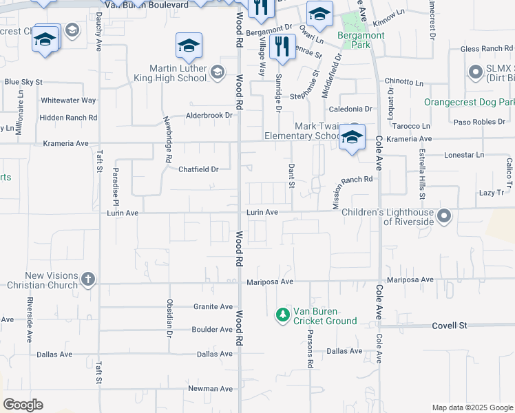map of restaurants, bars, coffee shops, grocery stores, and more near 9583 Silverstein Drive in Riverside