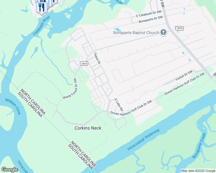 map of restaurants, bars, coffee shops, grocery stores, and more near 9286 West Lake Road in Calabash