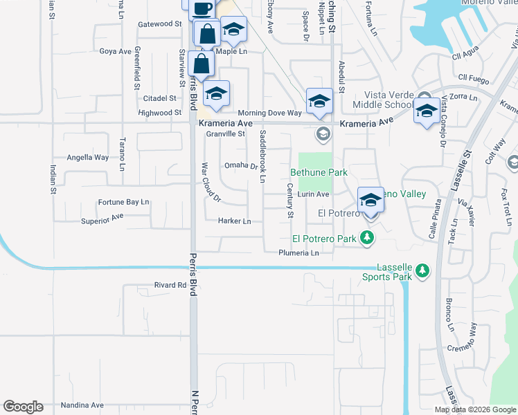 map of restaurants, bars, coffee shops, grocery stores, and more near 25247 Harker Lane in Moreno Valley