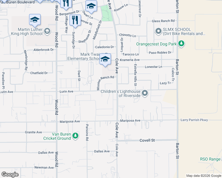 map of restaurants, bars, coffee shops, grocery stores, and more near 19428 Lurin Avenue in Riverside