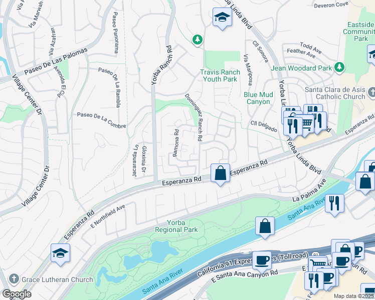 map of restaurants, bars, coffee shops, grocery stores, and more near 5856 Vía Romero in Yorba Linda