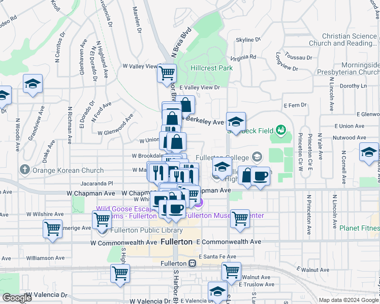 map of restaurants, bars, coffee shops, grocery stores, and more near 629 North Pomona Avenue in Fullerton