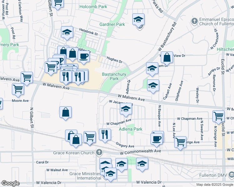 map of restaurants, bars, coffee shops, grocery stores, and more near 1905 West Jacaranda Place in Fullerton