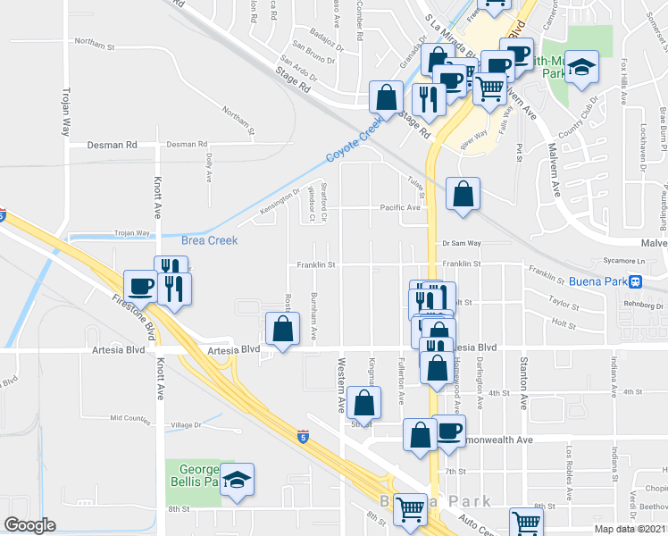 map of restaurants, bars, coffee shops, grocery stores, and more near 5794 Burnham Avenue in Buena Park