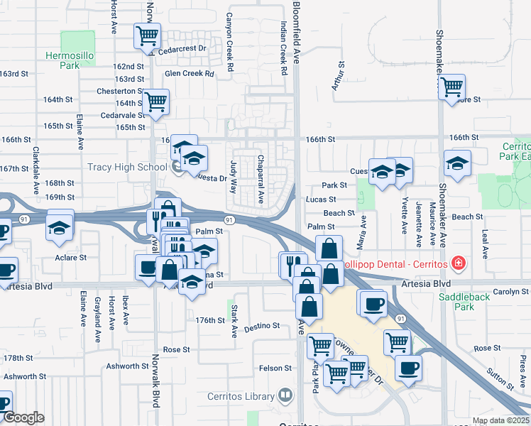 map of restaurants, bars, coffee shops, grocery stores, and more near 12443 Autumn Breeze Street in Cerritos