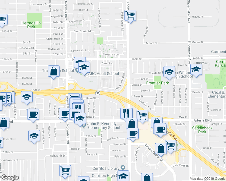 map of restaurants, bars, coffee shops, grocery stores, and more near 12443 Autumn Breeze Street in Cerritos