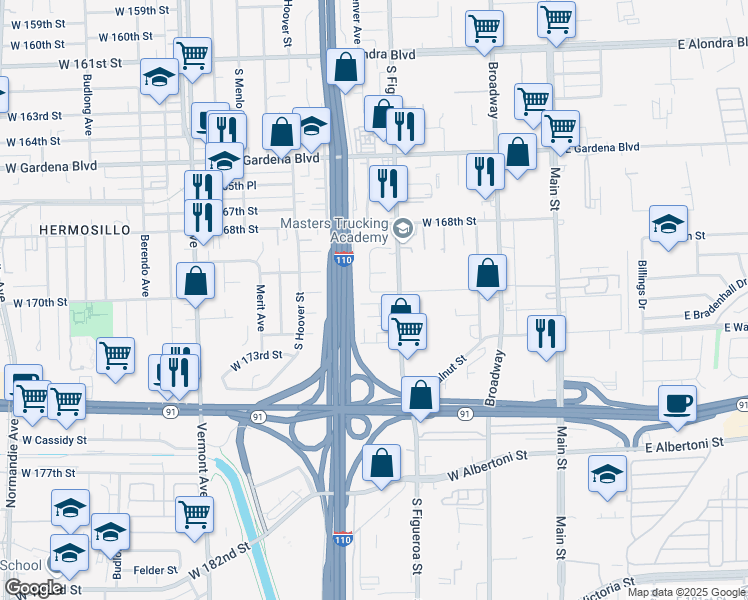 map of restaurants, bars, coffee shops, grocery stores, and more near 17021 South Figueroa Street in Gardena