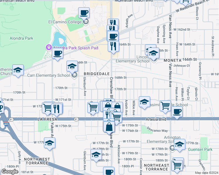 map of restaurants, bars, coffee shops, grocery stores, and more near 17016 Delia Avenue in Torrance