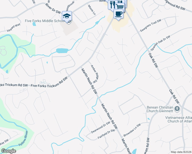 map of restaurants, bars, coffee shops, grocery stores, and more near 1164 Amber Ridge Southwest in Lilburn