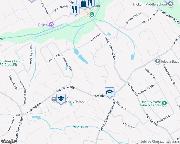 map of restaurants, bars, coffee shops, grocery stores, and more near 4947 Kettle Court Southwest in Lilburn