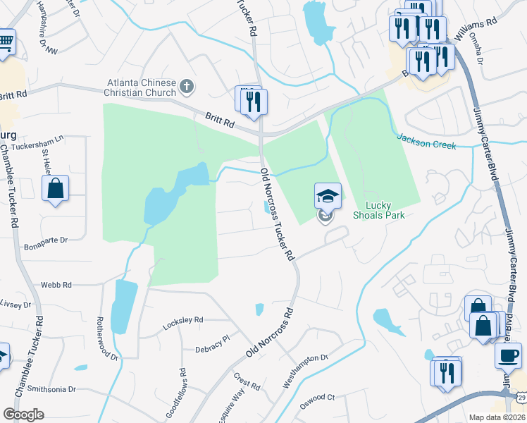 map of restaurants, bars, coffee shops, grocery stores, and more near 4500 Atlas Place in Tucker