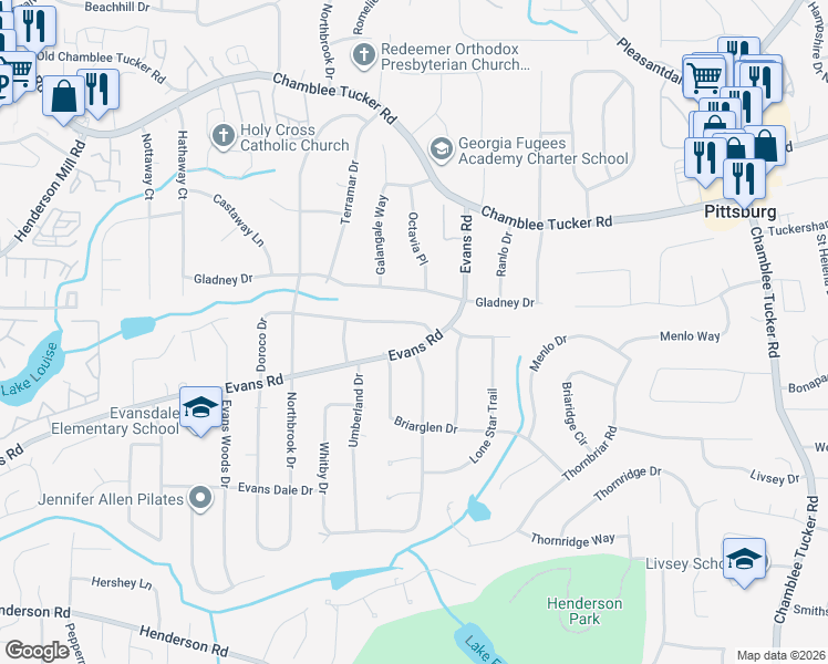 map of restaurants, bars, coffee shops, grocery stores, and more near 3827 Evans Road in Doraville