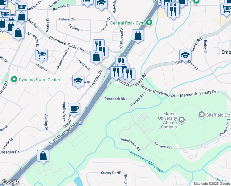 map of restaurants, bars, coffee shops, grocery stores, and more near 3395 I - 85 Frontage Road in Atlanta