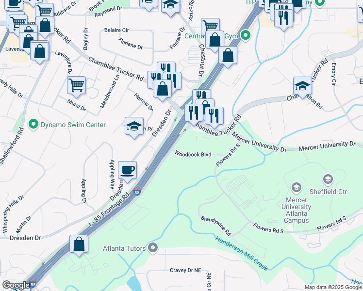 map of restaurants, bars, coffee shops, grocery stores, and more near 3395 I - 85 Frontage Road in Atlanta