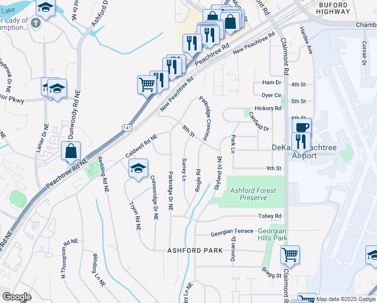 map of restaurants, bars, coffee shops, grocery stores, and more near 3013 Surrey Lane in Chamblee