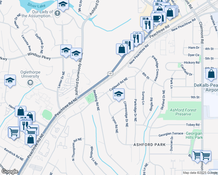 map of restaurants, bars, coffee shops, grocery stores, and more near 3016 Cravenridge Drive Northeast in Atlanta