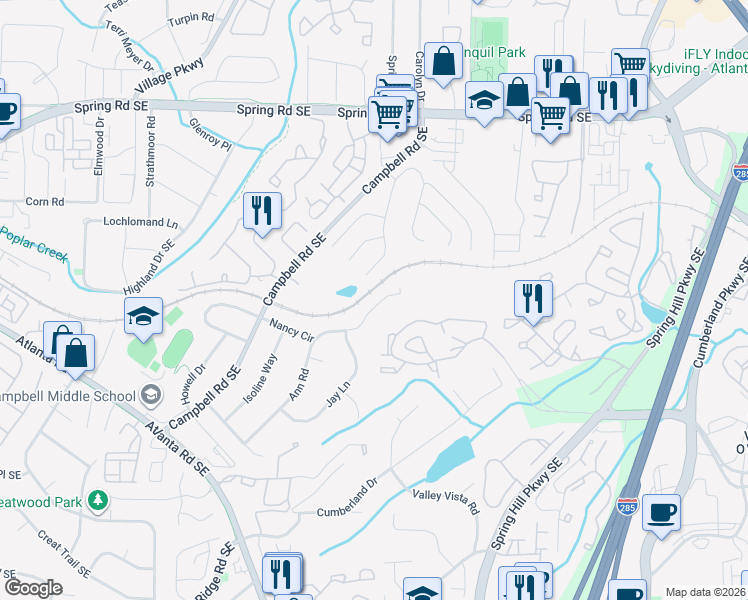 map of restaurants, bars, coffee shops, grocery stores, and more near 3142 Ann Road Southeast in Smyrna