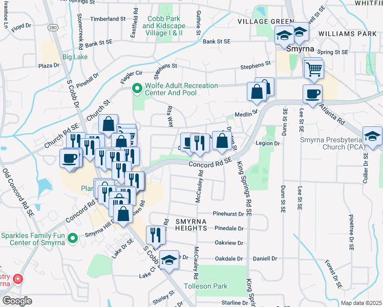 map of restaurants, bars, coffee shops, grocery stores, and more near 1036 Dell Avenue Southeast in Smyrna