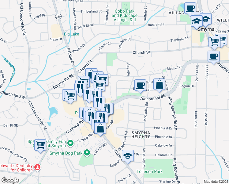 map of restaurants, bars, coffee shops, grocery stores, and more near 841 McLinden Avenue Southeast in Smyrna