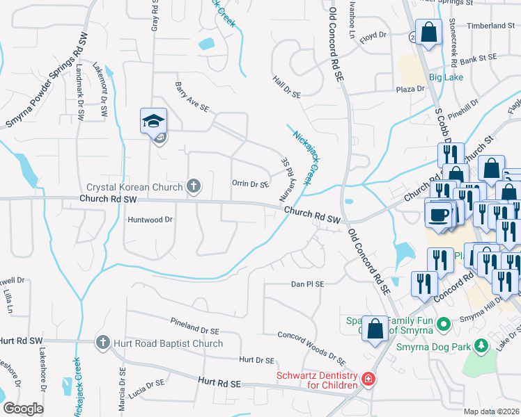 map of restaurants, bars, coffee shops, grocery stores, and more near 3150 Autumn Brook Trail in Smyrna