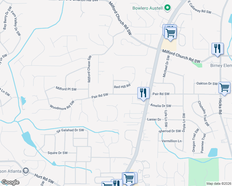 map of restaurants, bars, coffee shops, grocery stores, and more near 3055 Cockspur Trail Southwest in Marietta