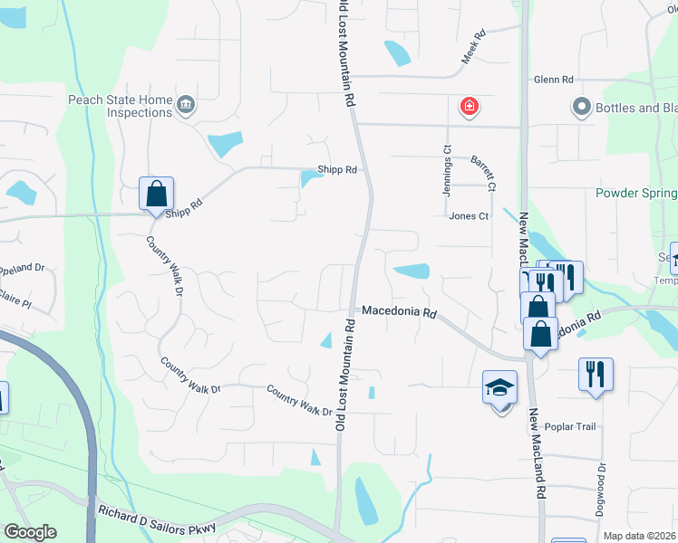 map of restaurants, bars, coffee shops, grocery stores, and more near 3209 Leprechaun Lane in Powder Springs