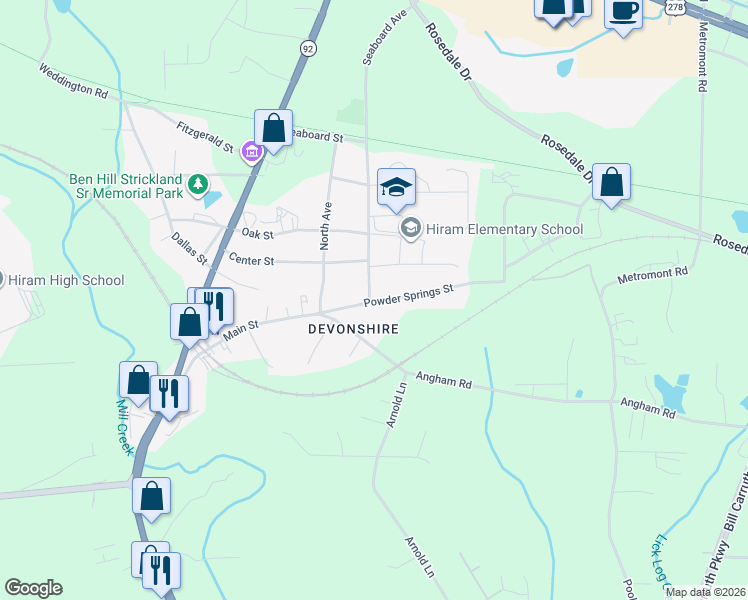map of restaurants, bars, coffee shops, grocery stores, and more near 192 Trailside Way in Hiram