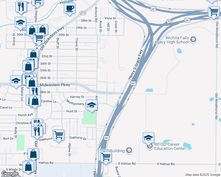 map of restaurants, bars, coffee shops, grocery stores, and more near 901-999 Midwestern Parkway in Wichita Falls