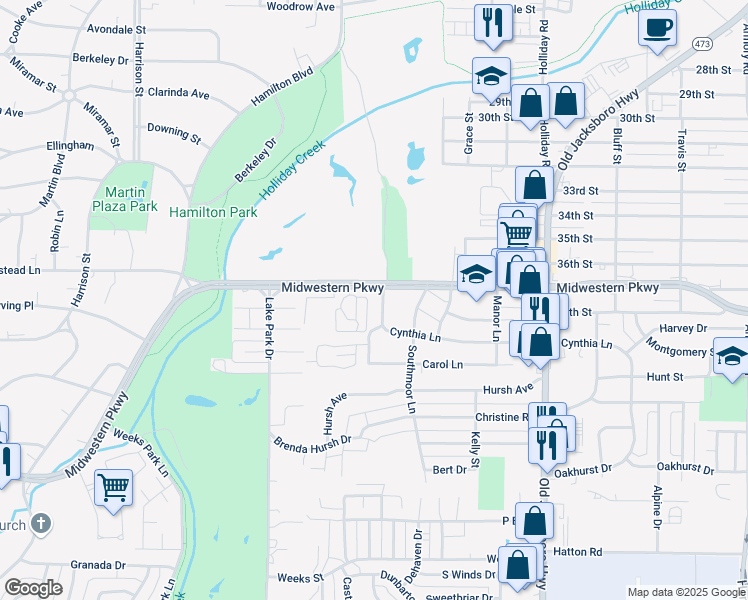 map of restaurants, bars, coffee shops, grocery stores, and more near 28 Chateau Court in Wichita Falls