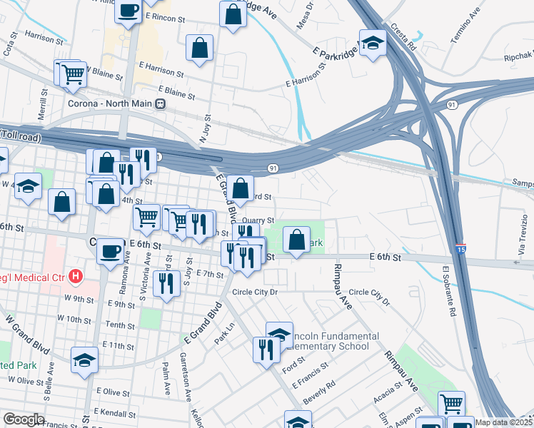 map of restaurants, bars, coffee shops, grocery stores, and more near 915 Quarry Street in Corona