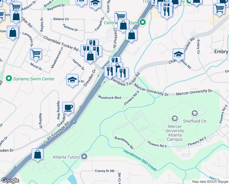 map of restaurants, bars, coffee shops, grocery stores, and more near 2888 Woodcock Boulevard in Atlanta