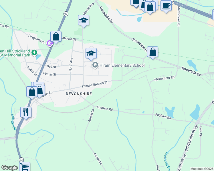 map of restaurants, bars, coffee shops, grocery stores, and more near 348 Powder Springs Street in Hiram