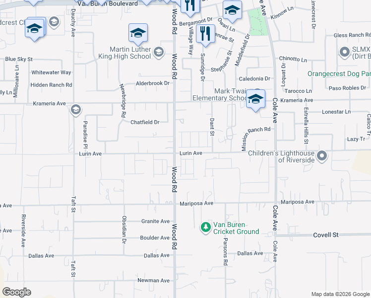 map of restaurants, bars, coffee shops, grocery stores, and more near 9558 Silverstein Drive in Riverside