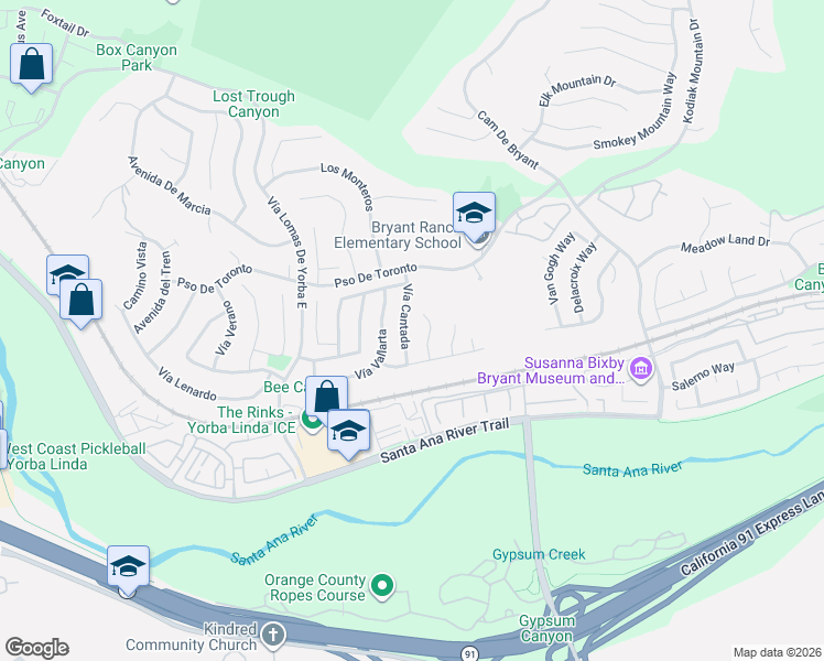 map of restaurants, bars, coffee shops, grocery stores, and more near 5560 Vía Cantada in Yorba Linda