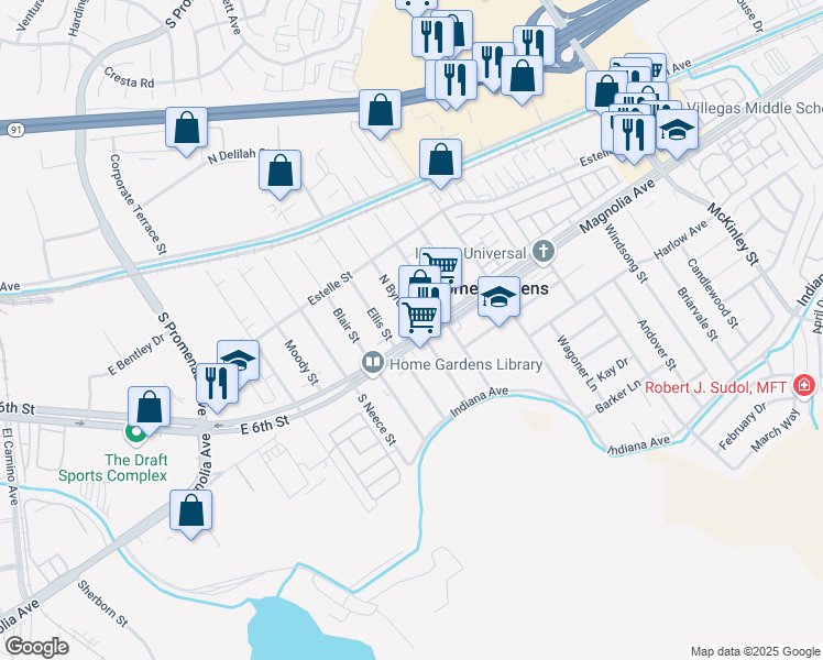 map of restaurants, bars, coffee shops, grocery stores, and more near 13653 Magnolia Avenue in Corona