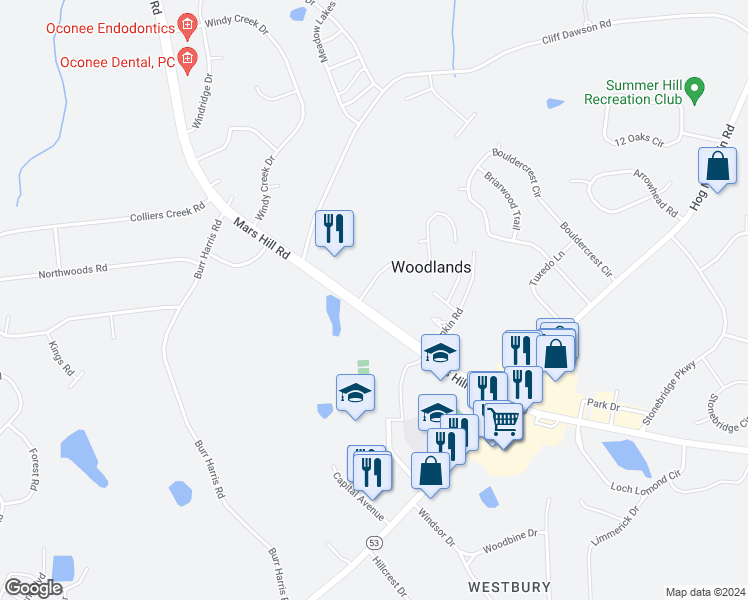 map of restaurants, bars, coffee shops, grocery stores, and more near 1194 Mars Hill Road in Watkinsville