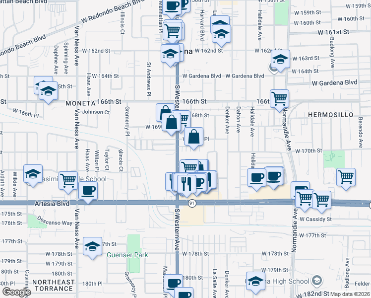 map of restaurants, bars, coffee shops, grocery stores, and more near 314 Bridgewater Way in Gardena