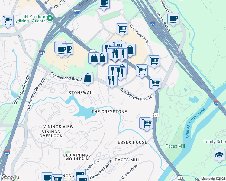 map of restaurants, bars, coffee shops, grocery stores, and more near 3330 Cumberland Parkway in Atlanta