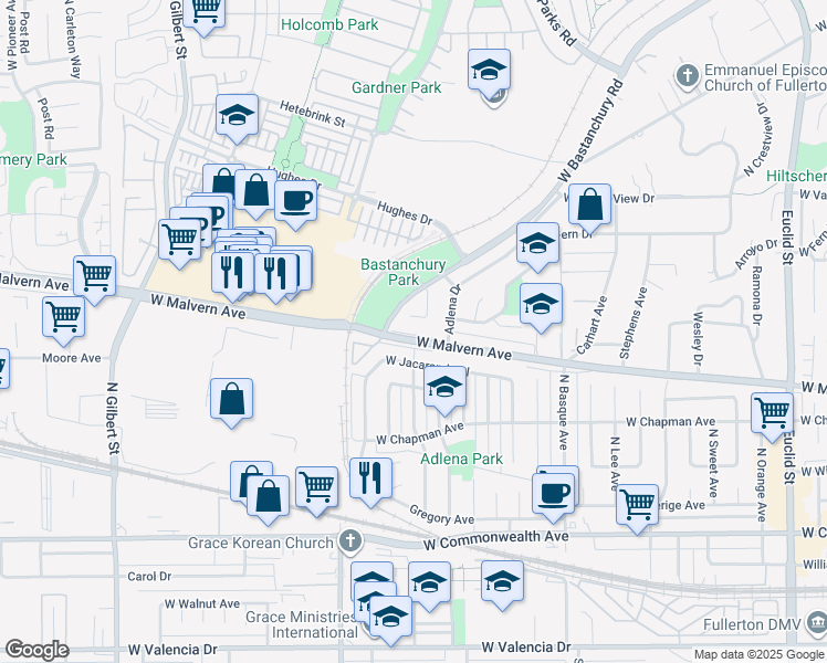 map of restaurants, bars, coffee shops, grocery stores, and more near 1831 West Malvern Avenue in Fullerton