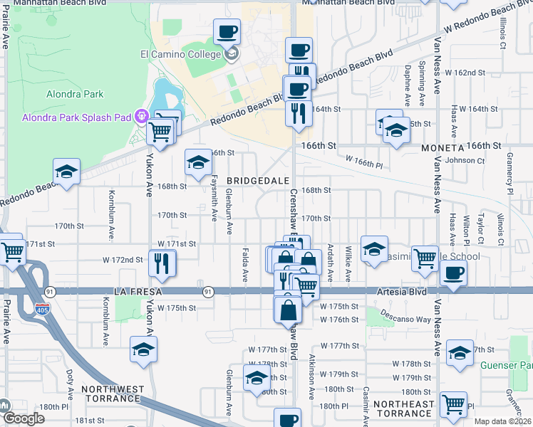 map of restaurants, bars, coffee shops, grocery stores, and more near 3169 170th Street in Torrance