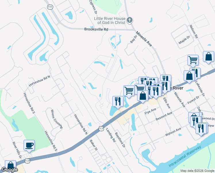 map of restaurants, bars, coffee shops, grocery stores, and more near Q-4 Pinehurst Circle in Little River