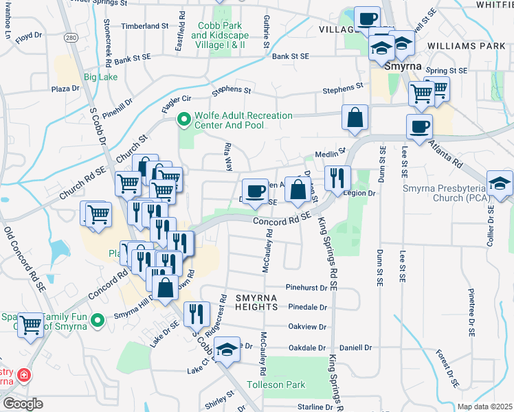 map of restaurants, bars, coffee shops, grocery stores, and more near 1035 Concord Road Southeast in Smyrna