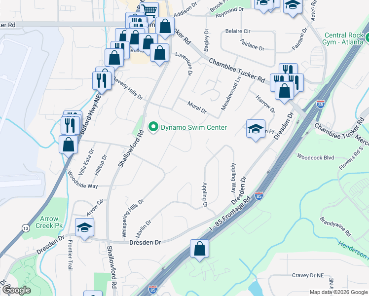 map of restaurants, bars, coffee shops, grocery stores, and more near 2579 Woodgreen Drive in Chamblee