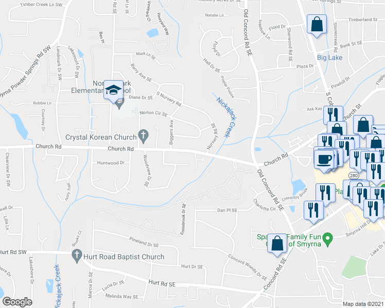 map of restaurants, bars, coffee shops, grocery stores, and more near 3150 Autumn Brook Trail in Smyrna