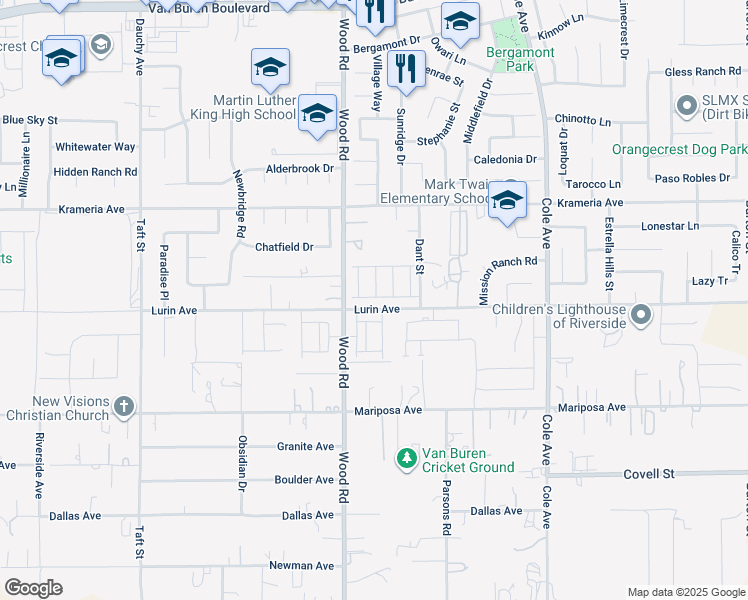 map of restaurants, bars, coffee shops, grocery stores, and more near 9575 Silverstein Drive in Riverside