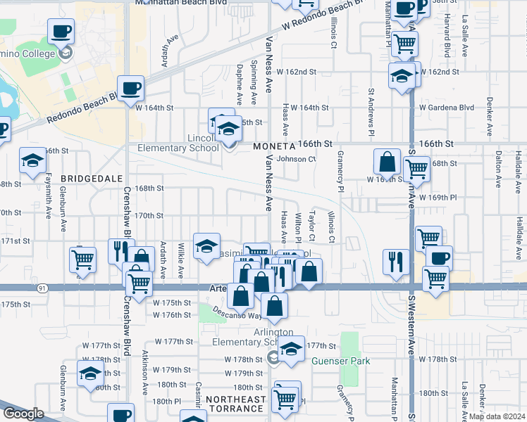 map of restaurants, bars, coffee shops, grocery stores, and more near 2205 170th Street in Torrance