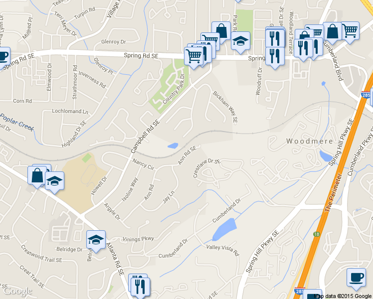 map of restaurants, bars, coffee shops, grocery stores, and more near 3142 Ann Road Southeast in Smyrna