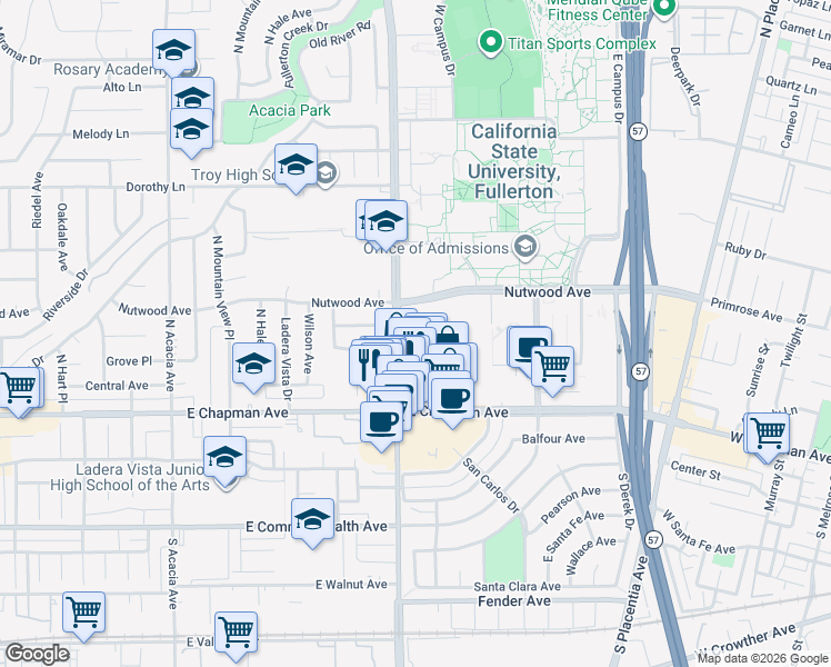 map of restaurants, bars, coffee shops, grocery stores, and more near 542 Concord Avenue in Fullerton
